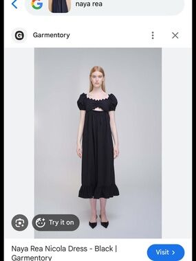 Black Puff-Sleeve Midi Dress with Ruffle Hem and Cutout